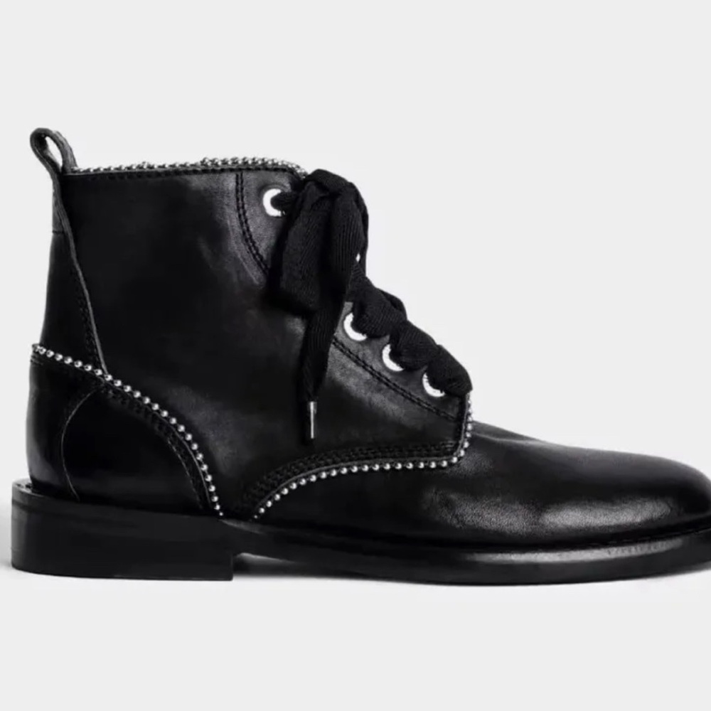 Zadig & Voltaire Studded Black Calfskin Lace Up Boots
